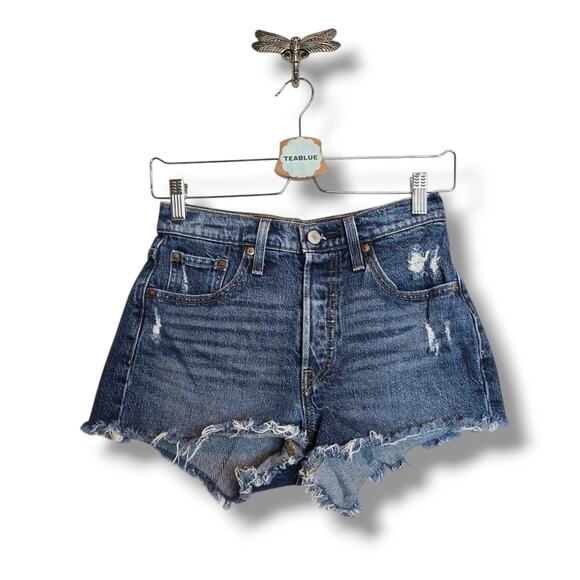 Levi’s 501 Dark Wash Jean Short – Worn-In Wash / Raw Hem, Size 25 - Picture 1 of 12